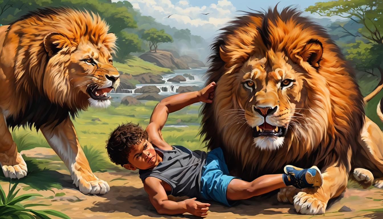  digital painting of A young boy wrestling a lion, both figures locked in a dynamic struggle, wild surroundings, intense, formidable looking at viewer, dynamic pose, (intricate details, masterpiece, best quality)