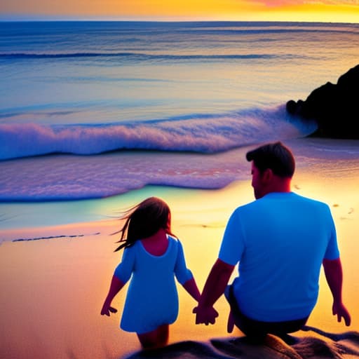 wa-vy style Father and daughter, sunrise at beach fantastic, colorful