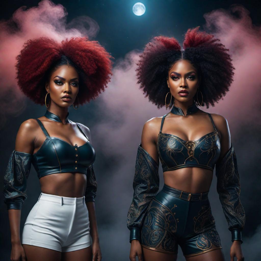  Angry black female twins in lofi fantasy style, Gemini zodiac, intense expressions, dark moody background, vibrant colors, celestial elements, intricate details hyperrealistic, full body, detailed clothing, highly detailed, cinematic lighting, stunningly beautiful, intricate, sharp focus, f/1. 8, 85mm, (centered image composition), (professionally color graded), ((bright soft diffused light)), volumetric fog, trending on instagram, trending on tumblr, HDR 4K, 8K