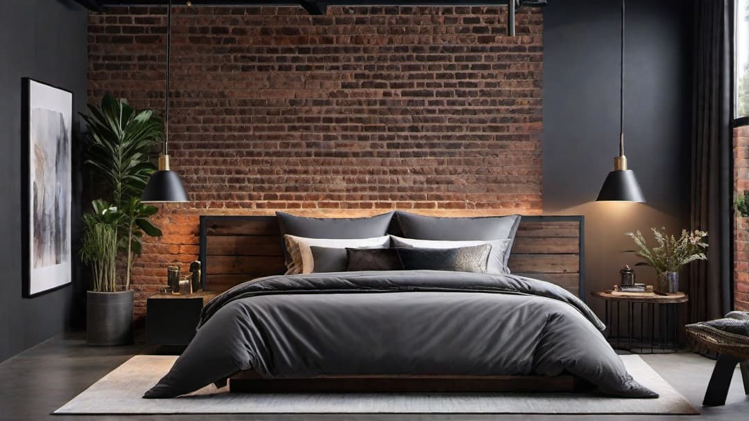  Generate an image of a modern industrial bedroom with a bold urban chic aesthetic. The focal point should be a sleek industrial bed frame with a matching industrial headboard. Include elements like exposed brick walls, metal accents, and reclaimed wood furniture to enhance the edgy yet inviting atmosphere. The color palette should consist of deep grays, blacks, and industrial neutrals, with minimalist decorations and industrial style lighting fixtures for a perfect touch of style and functionality. hyperrealistic, full body, detailed clothing, highly detailed, cinematic lighting, stunningly beautiful, intricate, sharp focus, f/1. 8, 85mm, (centered image composition), (professionally color graded), ((bright soft diffused light)), volumetric fog, trending on instagram, trending on tumblr, HDR 4K, 8K