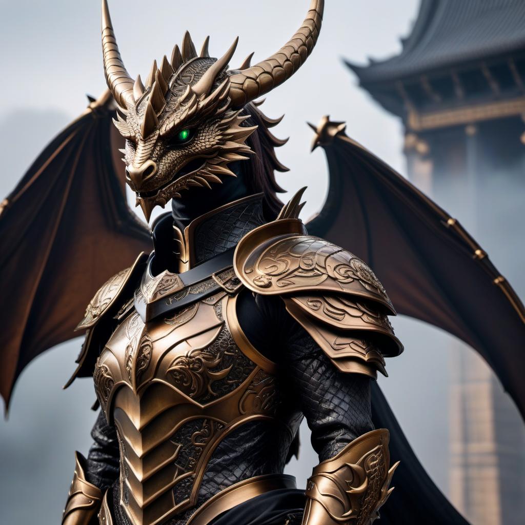  Bronze dragonid in black Paladin armor, 3/4 portrait, in the style of fantasy mythology. hyperrealistic, full body, detailed clothing, highly detailed, cinematic lighting, stunningly beautiful, intricate, sharp focus, f/1. 8, 85mm, (centered image composition), (professionally color graded), ((bright soft diffused light)), volumetric fog, trending on instagram, trending on tumblr, HDR 4K, 8K