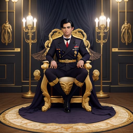  A handsome Boy,purple eyes,jet black hair,wyvern wings,stern expression,wears an world war two era German admiral uniform,sitting on a throne in a gallant porcelain room,male,solo,high resolution,detailed,anime style,4k hyperrealistic, full body, detailed clothing, highly detailed, cinematic lighting, stunningly beautiful, intricate, sharp focus, f/1. 8, 85mm, (centered image composition), (professionally color graded), ((bright soft diffused light)), volumetric fog, trending on instagram, trending on tumblr, HDR 4K, 8K