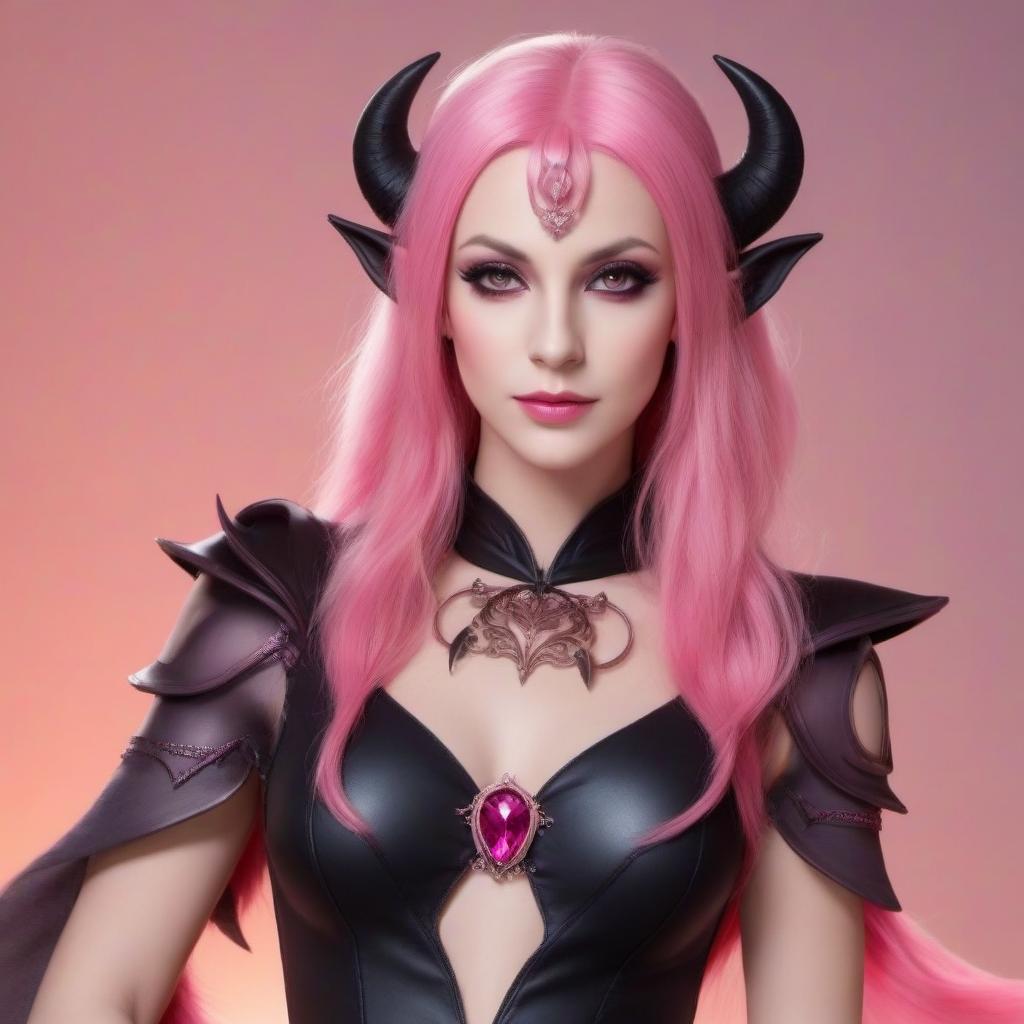  Woman, half elf and half succubus, pale pink skin, pink short hairs, little horns, black shiny armor with pink lines, demon tail, pink pupils