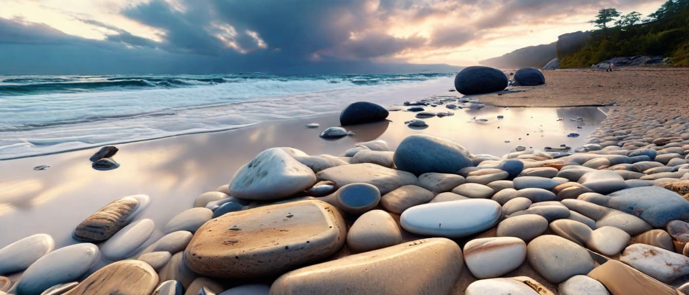  best quality, HD, stones on serene beach landscape