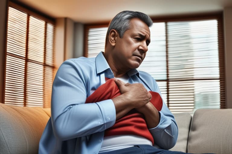  "Realistic image of a middle aged man clutching his chest in pain, sitting on a sofa in a well lit living room. The background shows a cozy, tidy room with a soft focus effect to keep the attention on the man. The man's expression clearly shows discomfort, with one hand on his chest and the other gripping the sofa armrest. The lighting is natural, coming from a window, highlighting the man's face and upper body. The overall mood is serious and urgent, with a realistic and detailed portrayal of the situation. High quality, photorealistic style with a shallow depth of field to emphasize the subject."Ensure no face,leg,hand or eye defomities.Ensure all images are clear, detailed, contains no text and no deformities. realistic, highly detailed, hyperrealistic, full body, detailed clothing, highly detailed, cinematic lighting, stunningly beautiful, intricate, sharp focus, f/1. 8, 85mm, (centered image composition), (professionally color graded), ((bright soft diffused light)), volumetric fog, trending on instagram, trending on tumblr, HDR 4K, 8K