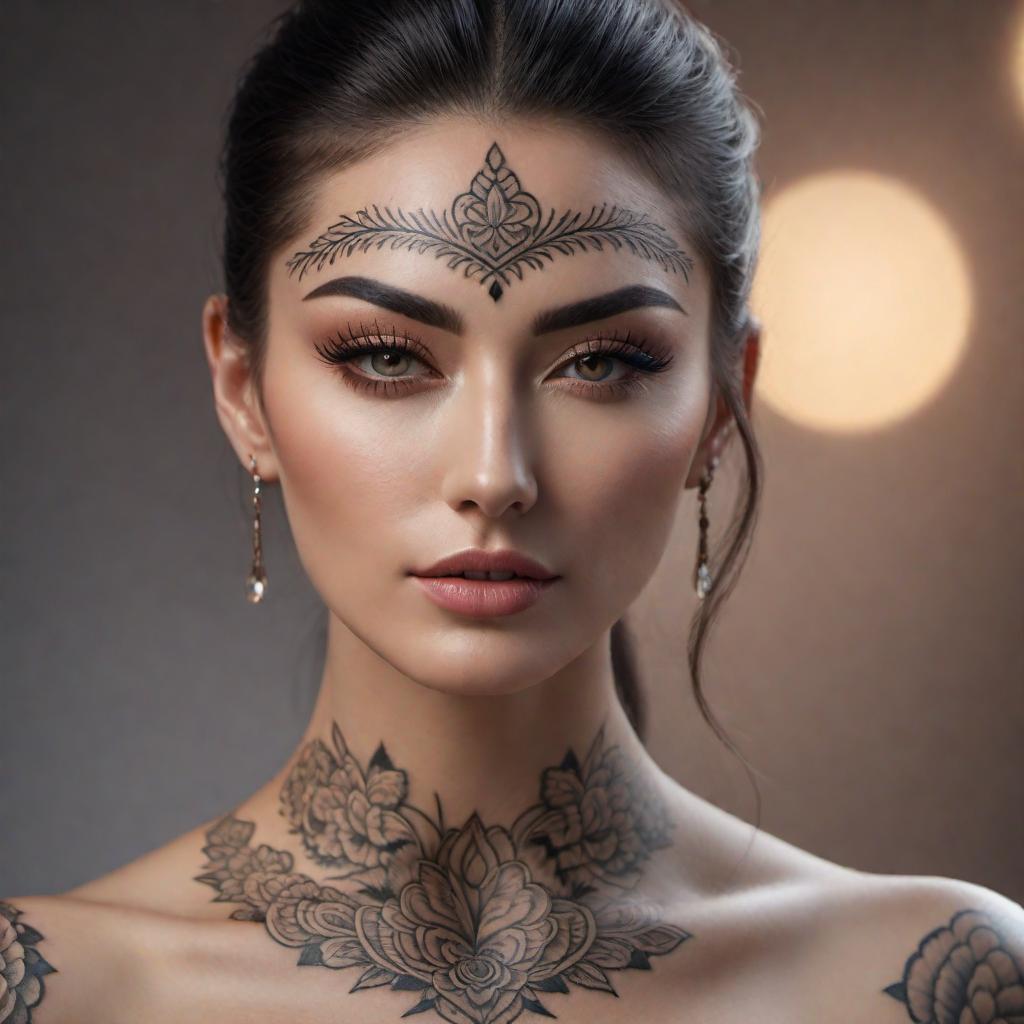  A person with a small, stylish tattoo right above their eyebrow. The tattoo is simple and elegant, possibly a symbol or small piece of intricate line art. hyperrealistic, full body, detailed clothing, highly detailed, cinematic lighting, stunningly beautiful, intricate, sharp focus, f/1. 8, 85mm, (centered image composition), (professionally color graded), ((bright soft diffused light)), volumetric fog, trending on instagram, trending on tumblr, HDR 4K, 8K