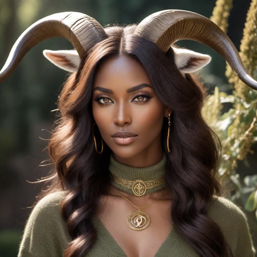  A loving Capricorn female with black skin and goat horns, depicted in a soothing and serene style. She has a mane of curly hair cascading down her shoulders, with delicate, slightly curved goat horns peeking from her hair. Her appearance is soft and calming, with warm, welcoming eyes reflecting her loving nature. She wears elegant, earthy tones such as browns, greens, and subtle golds, including a cozy sweater and well-fitted pants. She accessorizes with simple, meaningful jewelry like a pendant with the Capricorn symbol or a delicate ring. The background is tranquil, featuring elements like soft ambient lighting, a peaceful park or a cozy cafe, enhancing the soothing atmosphere. Her demeanor exudes calmness, reliability, and quiet determin hyperrealistic, full body, detailed clothing, highly detailed, cinematic lighting, stunningly beautiful, intricate, sharp focus, f/1. 8, 85mm, (centered image composition), (professionally color graded), ((bright soft diffused light)), volumetric fog, trending on instagram, trending on tumblr, HDR 4K, 8K