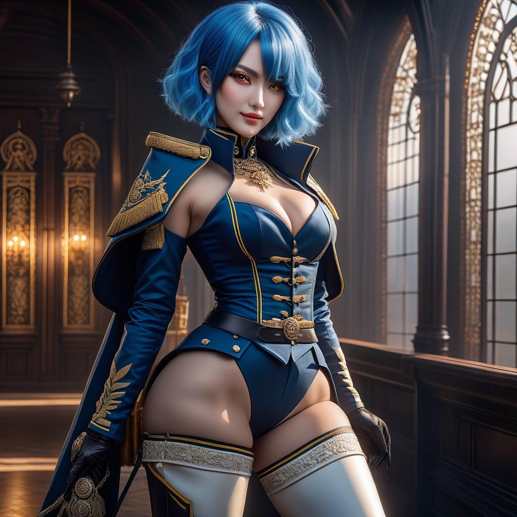  Girl, ((full body)), blue hair, bob cut, bright yellow eyes, hourglass figure, fully clothed, military uniform, (19th century ceremonial uniform), white clothes, white cloak, ((leggings )), black boots, over the knee boots, thigh high boots, tight boots, (shako), belt, choker, epaulettes, awards, (epic pose), looking at viewer, looking down, evil grin, skin dentension, (extremely hyper detailed face), (masterpiece : 1.4), (perfect eyes: 1.1), (perfect hands), 2D, anime, extremely detailed clothes. hyperrealistic, full body, detailed clothing, highly detailed, cinematic lighting, stunningly beautiful, intricate, sharp focus, f/1. 8, 85mm, (centered image composition), (professionally color graded), ((bright soft diffused light)), volumetric fog, trending on instagram, trending on tumblr, HDR 4K, 8K