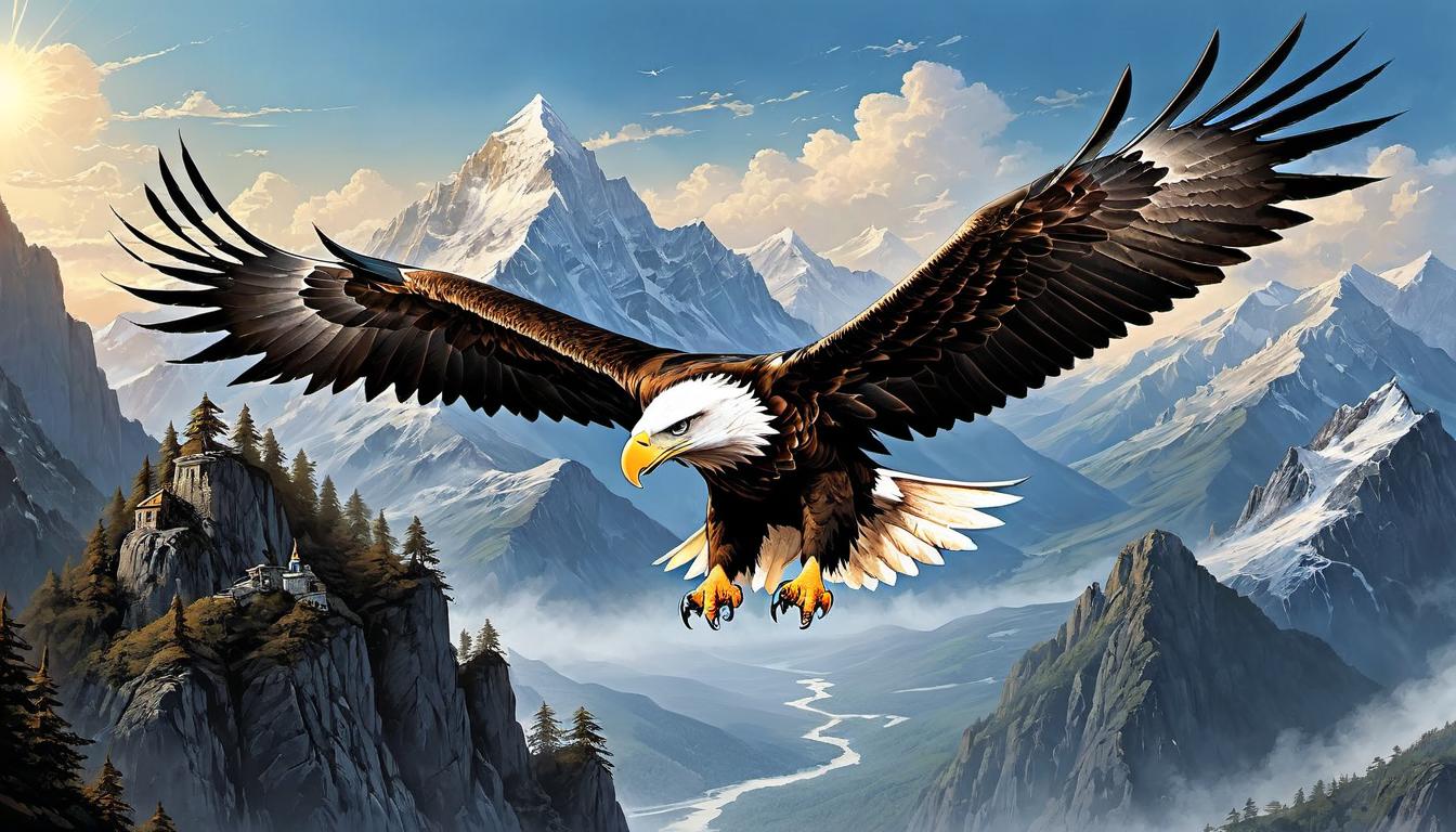  （surrealism)An eagle soaring high above mountains, wings spread wide, sun rising in the background, sense of ultimate freedom and dominance mystic, intricate details, best quality)