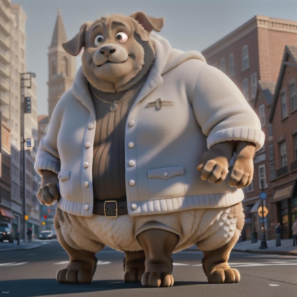  XXL Overweight human dog walking in street hyperrealistic, full body, detailed clothing, highly detailed, cinematic lighting, stunningly beautiful, intricate, sharp focus, f/1. 8, 85mm, (centered image composition), (professionally color graded), ((bright soft diffused light)), volumetric fog, trending on instagram, trending on tumblr, HDR 4K, 8K