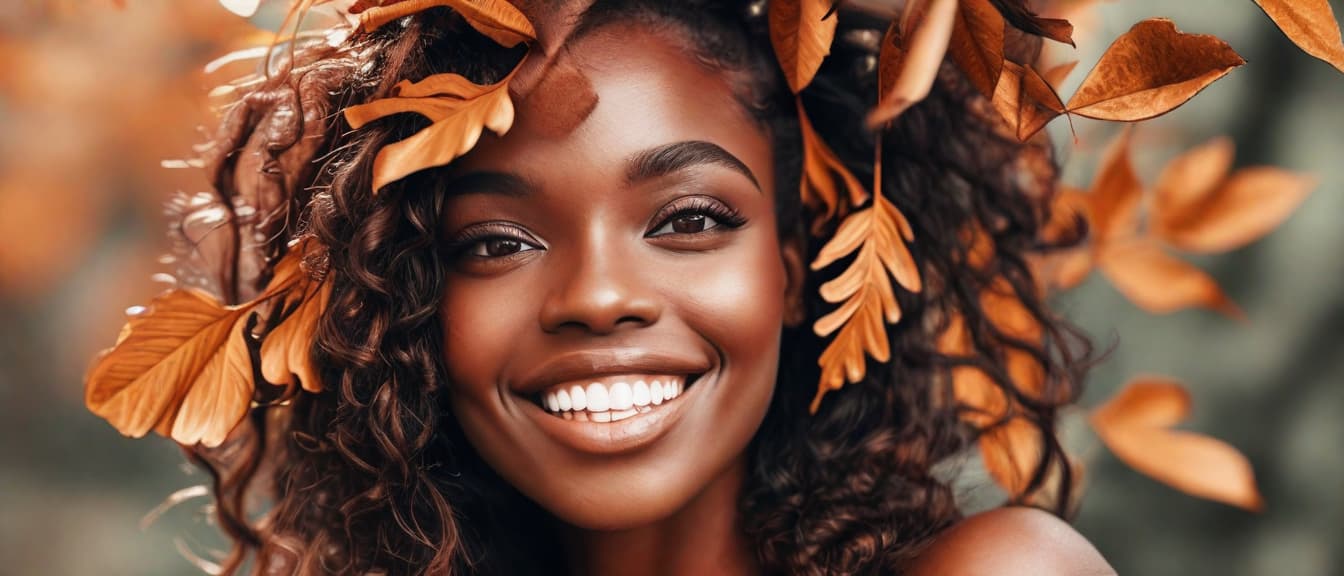  best quality, HD, Beautiful smiling black woman with brown leaves on the hair. Beauty and nature.