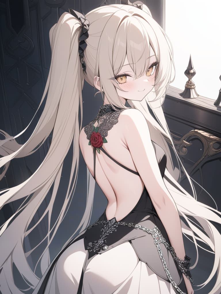  Hair colored beige, black gothic fashion, twin tails, long hair, rose motifs, smiles, eyes are red, chain, back, whole body, masterpiece, best quality,8k,ultra detailed,high resolution,an extremely delicate and beautiful,hyper detail