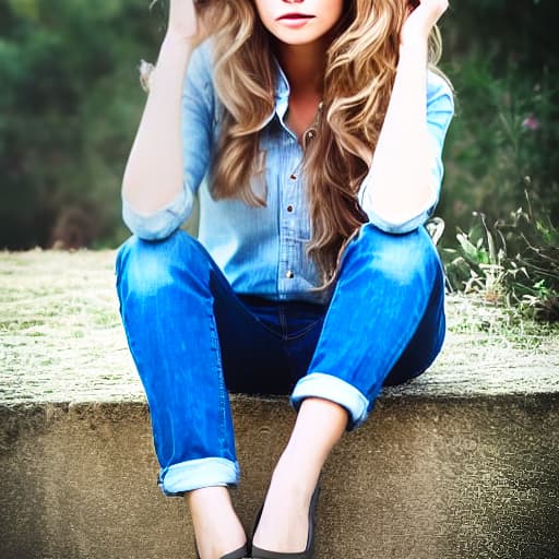  A beautiful lady with long wavy blond hair wearing a fitted shirt and denim jeans Dreamy, portrait, elegant