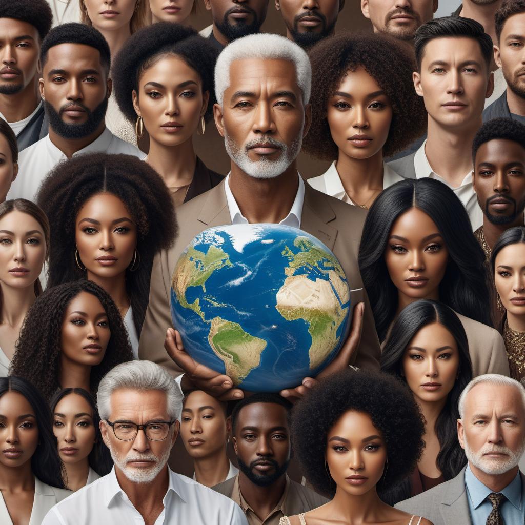  An intense image of a group of people of all nationalities including white men, mixed-race people, black and white women, Chinese, and brown people, joined together in solidarity, praying for peace on Earth. The background consists of many countries merged together from all over the world, symbolizing unity and global harmony. hyperrealistic, full body, detailed clothing, highly detailed, cinematic lighting, stunningly beautiful, intricate, sharp focus, f/1. 8, 85mm, (centered image composition), (professionally color graded), ((bright soft diffused light)), volumetric fog, trending on instagram, trending on tumblr, HDR 4K, 8K