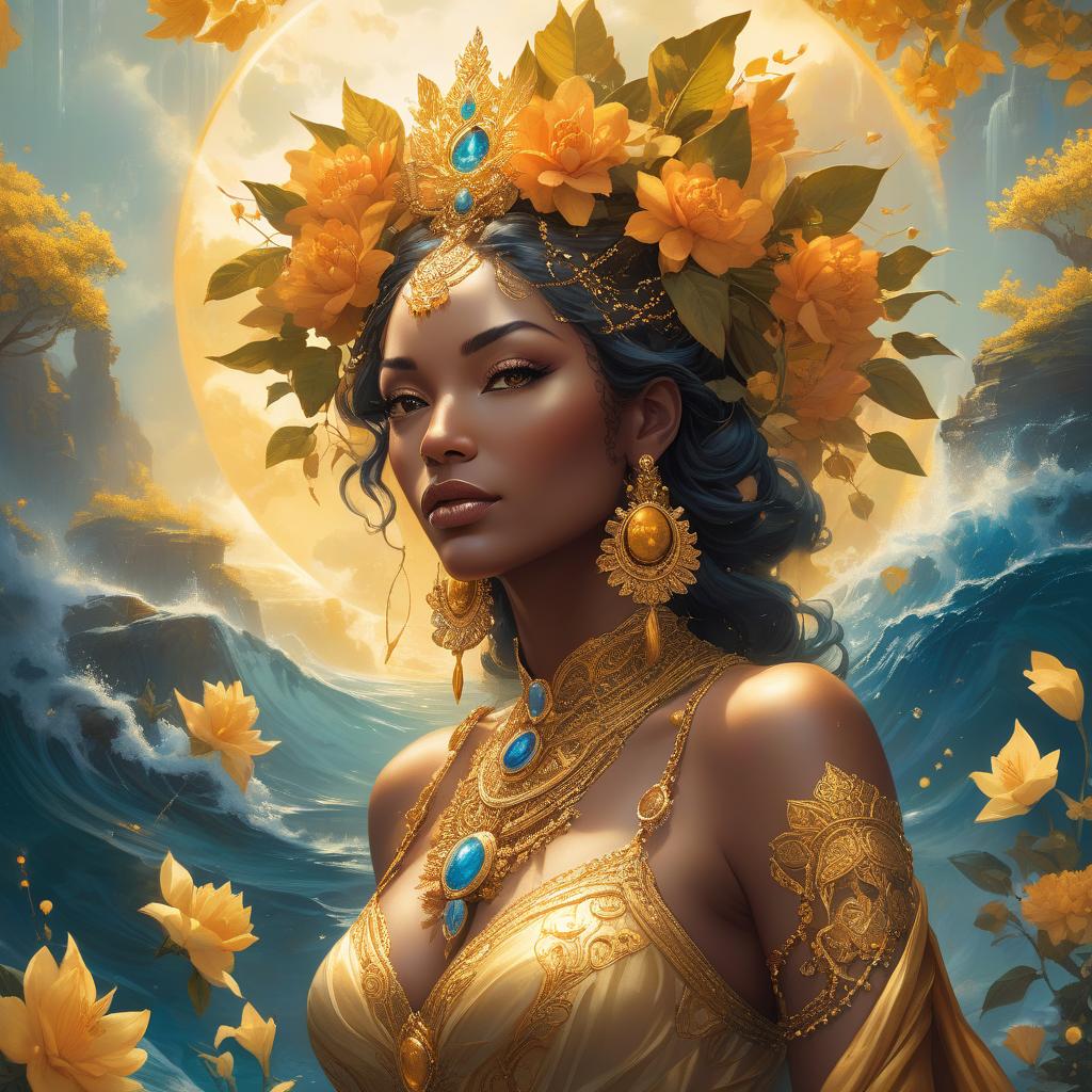  concept art A fantasy portrait of a woman adorned with golden floral ornaments, surrounded by a mystical, luminous landscape with water elements. An insanely hyperdetailed whimsical fantasical painting of the Goddess Oshun, the Yoruba goddess of love, fertility, and rivers. She is typically depicted as a beautiful woman adorned with gold and surrounded by flowing water. Genres: Fantasy, Mythology. Styles: Whimsical, Surreal. Techniques: Hyperrealism, Digital Painting. Lights: Warm and Radiant. Colors: Golden yellows, bright oranges, warm browns, and deep blues. Descriptive terms: Lush, Opulent, Serene, Mystical, and Nurturing. This masterpiece digital artwork would be best painted by artists such as Tara McPherson, Audrey Kawasaki, Nicolett hyperrealistic, full body, detailed clothing, highly detailed, cinematic lighting, stunningly beautiful, intricate, sharp focus, f/1. 8, 85mm, (centered image composition), (professionally color graded), ((bright soft diffused light)), volumetric fog, trending on instagram, trending on tumblr, HDR 4K, 8K