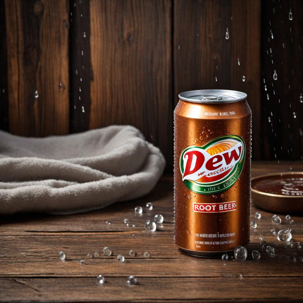  An image of a refreshing can of Mr. Dew Root Beer with droplets of condensation on the surface, set against a background of a rustic wooden table. hyperrealistic, full body, detailed clothing, highly detailed, cinematic lighting, stunningly beautiful, intricate, sharp focus, f/1. 8, 85mm, (centered image composition), (professionally color graded), ((bright soft diffused light)), volumetric fog, trending on instagram, trending on tumblr, HDR 4K, 8K