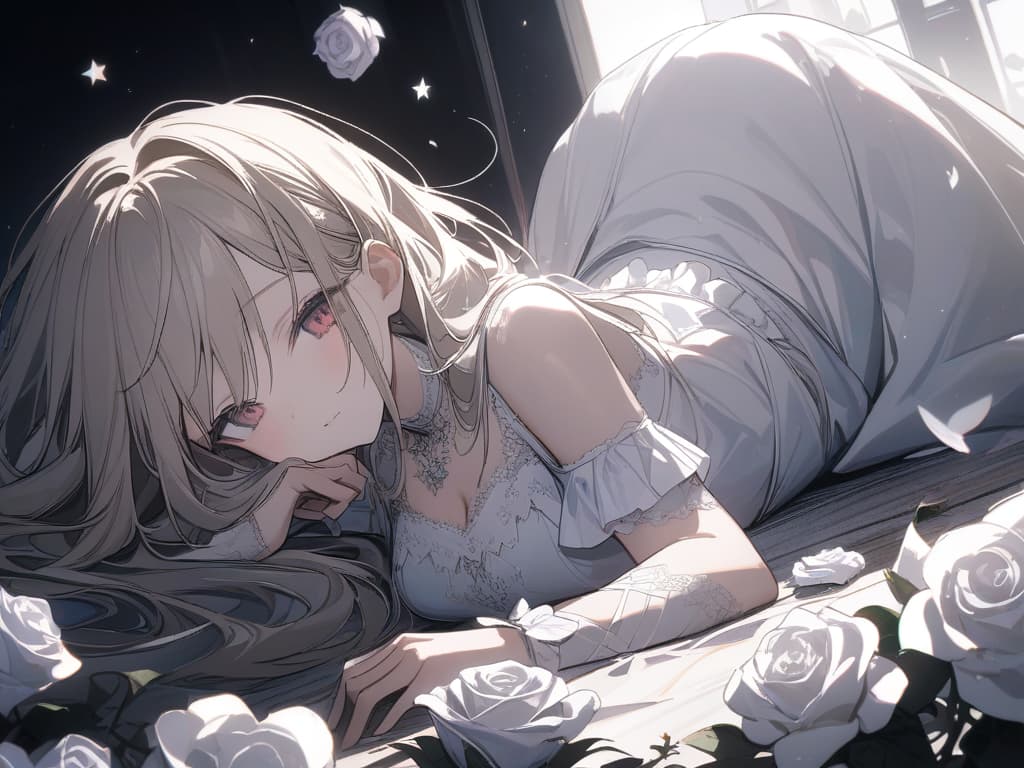  Girls, hair color beige, gothic fashion with a lot of red, white frills, many white roses, white roses, stars, fleeting, light, twin tails, lying down, masterpiece, best quality,8k,ultra detailed,high resolution,an extremely delicate and beautiful,hyper detail