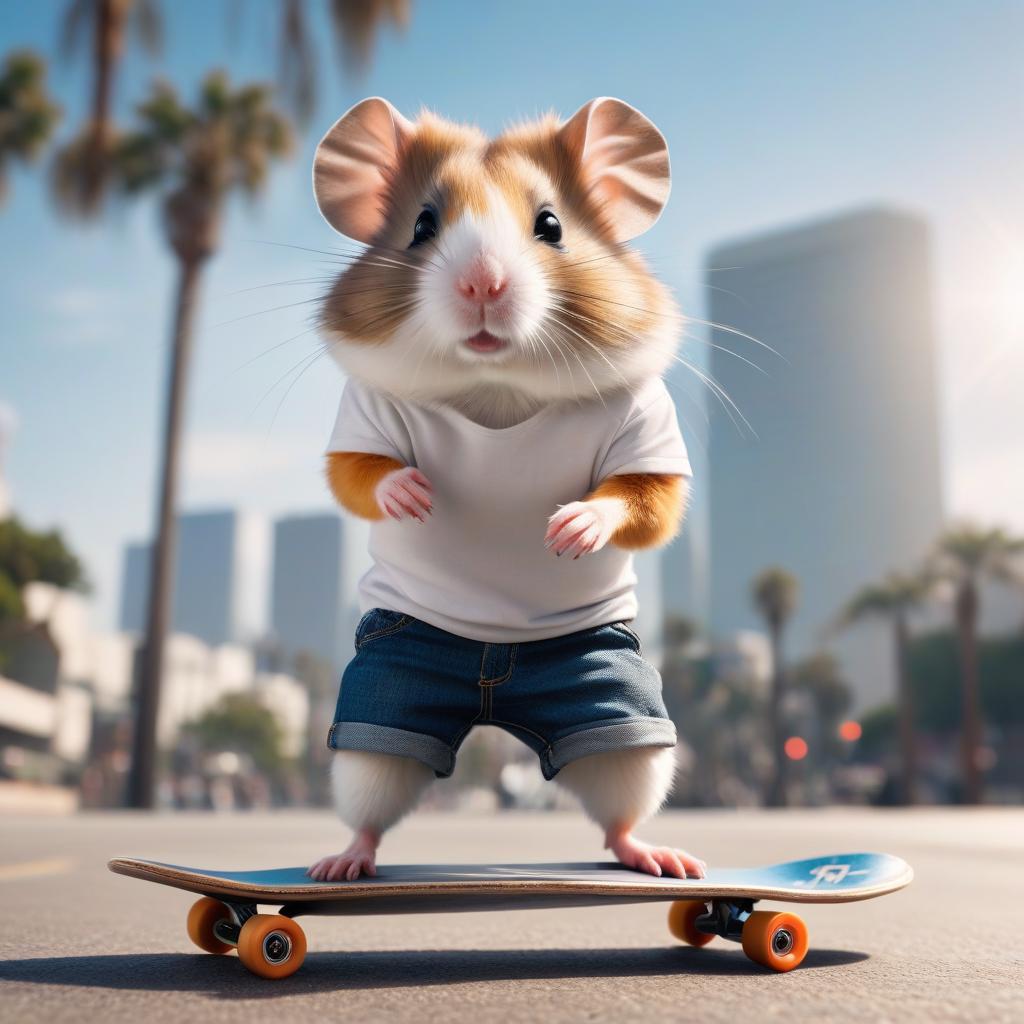  a animal hamster in shorts and a t shirt with a coke in his hands rides a skateboard in sunny los angeles. hyperrealistic, full body, detailed clothing, highly detailed, cinematic lighting, stunningly beautiful, intricate, sharp focus, f/1. 8, 85mm, (centered image composition), (professionally color graded), ((bright soft diffused light)), volumetric fog, trending on instagram, trending on tumblr, HDR 4K, 8K