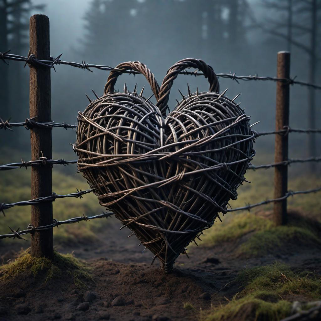  An abstract scene depicting the dangers of a barbed wire heart. The heart is made of twisted barbed wire, with sharp, menacing barbs. It bleeds onto those who try to approach, with love's embrace shown as a deadly snare. The overall mood is dark and foreboding, highlighting the perilous nature of such a heart. hyperrealistic, full body, detailed clothing, highly detailed, cinematic lighting, stunningly beautiful, intricate, sharp focus, f/1. 8, 85mm, (centered image composition), (professionally color graded), ((bright soft diffused light)), volumetric fog, trending on instagram, trending on tumblr, HDR 4K, 8K