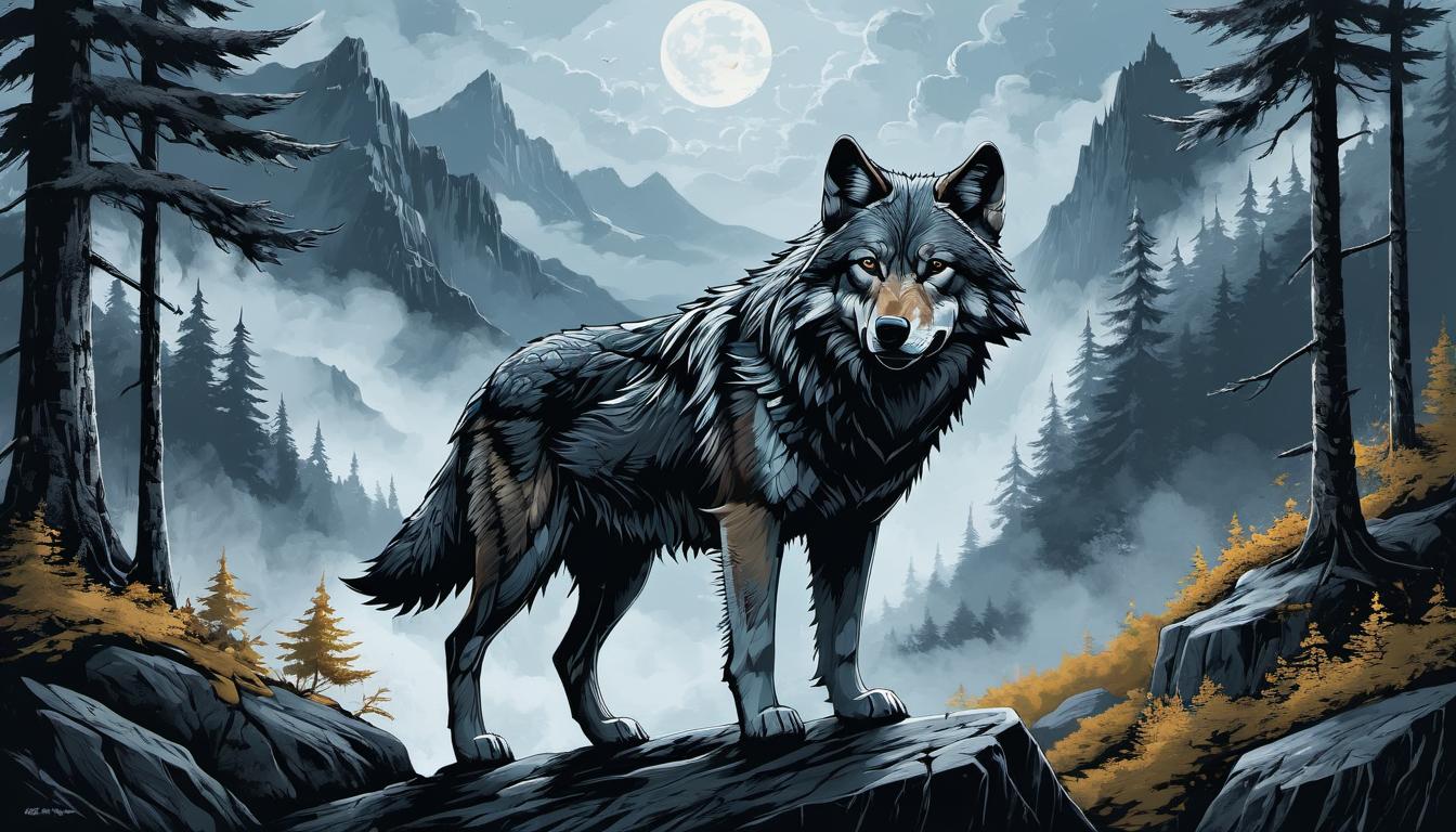  （surrealism)A wolf navigating through different terrains, from forests to mountains, each step purposeful, surroundings detailed with varied textures and elements, versatility, strength mystic, intricate details, best quality)