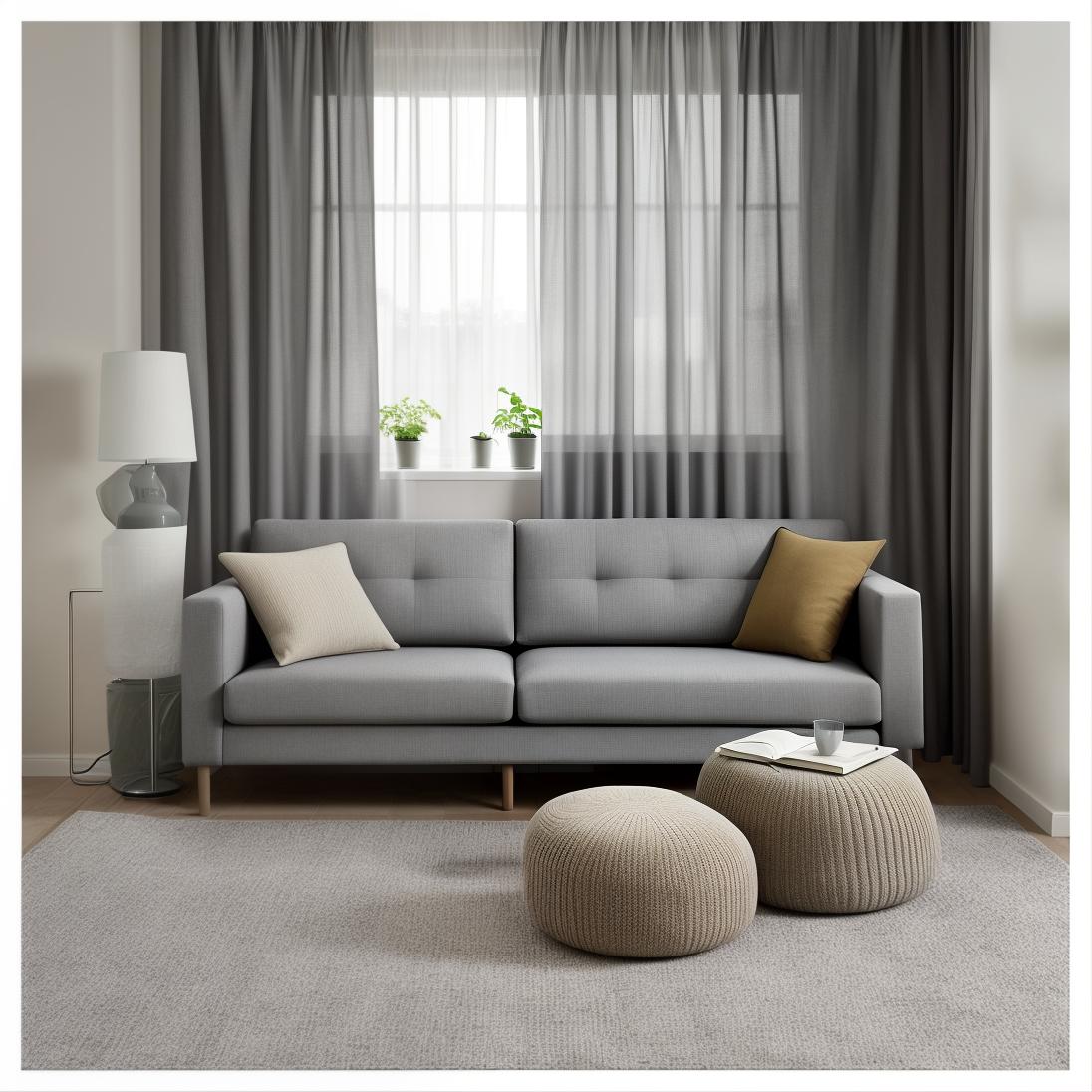  realistic image ((Television)), modern, modernity, a living room with a gray couch and pillows, main colour black, tilt shift mirror background, fine image on the store website, grey and dark theme, ikea catalogue, tapestry, rounded lines, sand 8k, colored walls, sliding glass windows, unique design,full HD, fabrics textiles