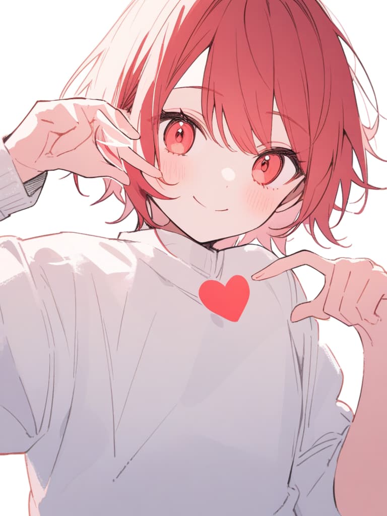  Bright red hair,short hair,clear line drawing,transparent watercolor,clear shading,beautiful young man,slim,finger heart,Fashionable everyday wear,convey love,inner strength,loves it,high quality,Amount to draw,pixiv illustration,smile,{{{man make heart symbol with fingers,make heart symbol with index fingers and middle fingers}}},((Holding a heart,heart pose,front hands))alone, masterpiece, best quality,8k,ultra detailed,high resolution,an extremely delicate and beautiful,hyper detail