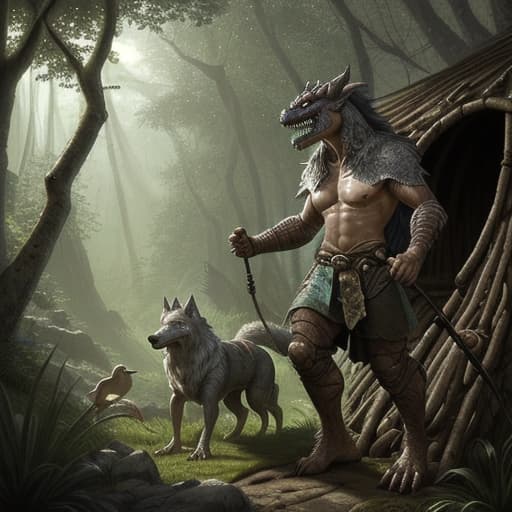  80's fantasy art, A Dragonborn Cleric waking up in a forest, stepping out of a mystical hut with traps and defenses around it. His scars visible on his tanned skin, determined expression with a loyal wolf companion by his side. Early morning light filtering through the trees, birds flying away in the background.