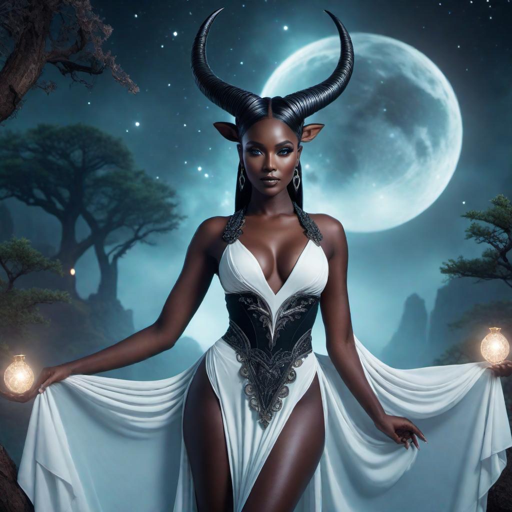  Capricorn female with black skin in a fantasy lofi art style, featuring celestial themes, mystical vibes, and a tranquil, dreamlike atmosphere. hyperrealistic, full body, detailed clothing, highly detailed, cinematic lighting, stunningly beautiful, intricate, sharp focus, f/1. 8, 85mm, (centered image composition), (professionally color graded), ((bright soft diffused light)), volumetric fog, trending on instagram, trending on tumblr, HDR 4K, 8K