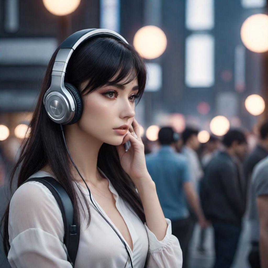  Anime-style girl with dark hair wearing headphones, looking sad. The image should look like a hand-drawn sketch. hyperrealistic, full body, detailed clothing, highly detailed, cinematic lighting, stunningly beautiful, intricate, sharp focus, f/1. 8, 85mm, (centered image composition), (professionally color graded), ((bright soft diffused light)), volumetric fog, trending on instagram, trending on tumblr, HDR 4K, 8K