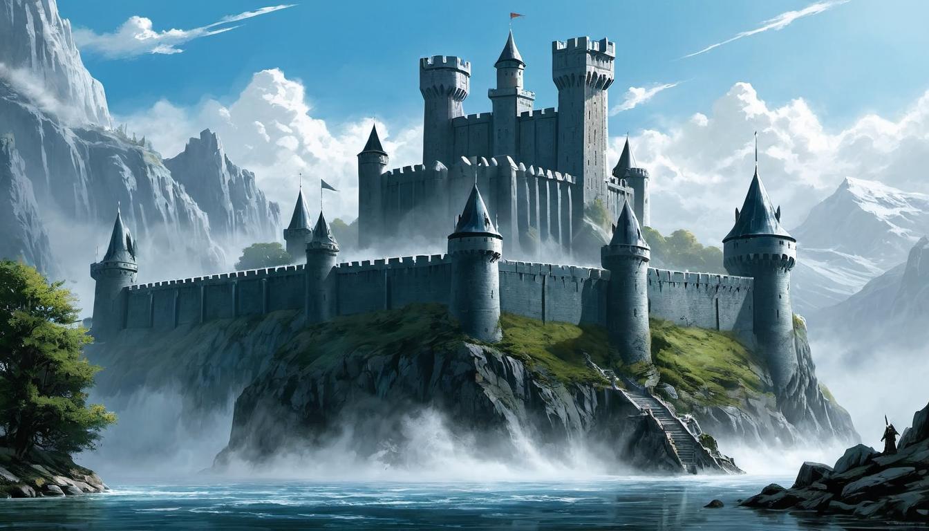  （surrealism)A towering fortress with impenetrable walls, surrounded by a moat, banners waving in the wind, stronghold, unbreachable, fortress of solitude, majestic, indomitable mystic, intricate details, best quality)