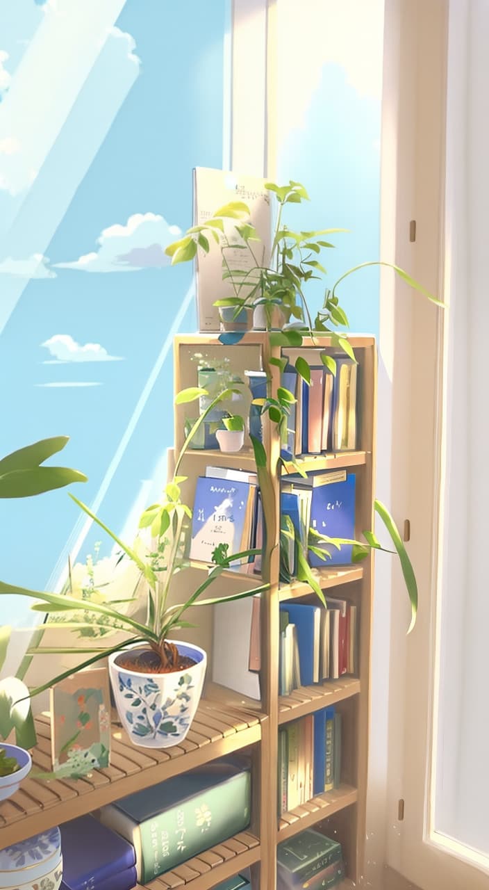  anime screenshot composed of a book on a shelf that says ' l' art de jardinier ' on it, studio ghibli style,anime style,clear,sharp, symmetrical, soft lighting, sky, flat colours, sharp, nice lines