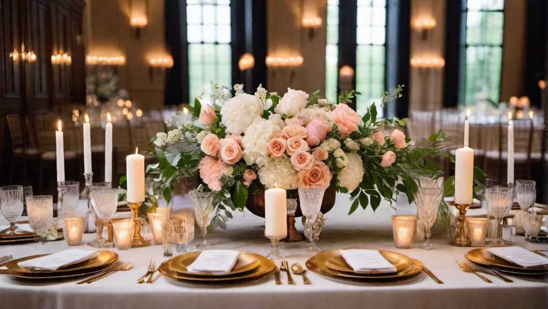  Create an image of an elegant wedding table centerpiece set on a beautifully decorated table. The centerpiece should consist of a mix of pastel floral blooms such as blush roses, white hydrangeas, and peach peonies arranged in elegant crystal vases and rustic wood slice centerpieces. Surround the centerpiece with shimmering candles in antique gold holders to add a warm and romantic glow. The scene should evoke a sense of formal elegance and rustic charm, perfect for a sophisticated wedding celebration. hyperrealistic, full body, detailed clothing, highly detailed, cinematic lighting, stunningly beautiful, intricate, sharp focus, f/1. 8, 85mm, (centered image composition), (professionally color graded), ((bright soft diffused light)), volumetric fog, trending on instagram, trending on tumblr, HDR 4K, 8K