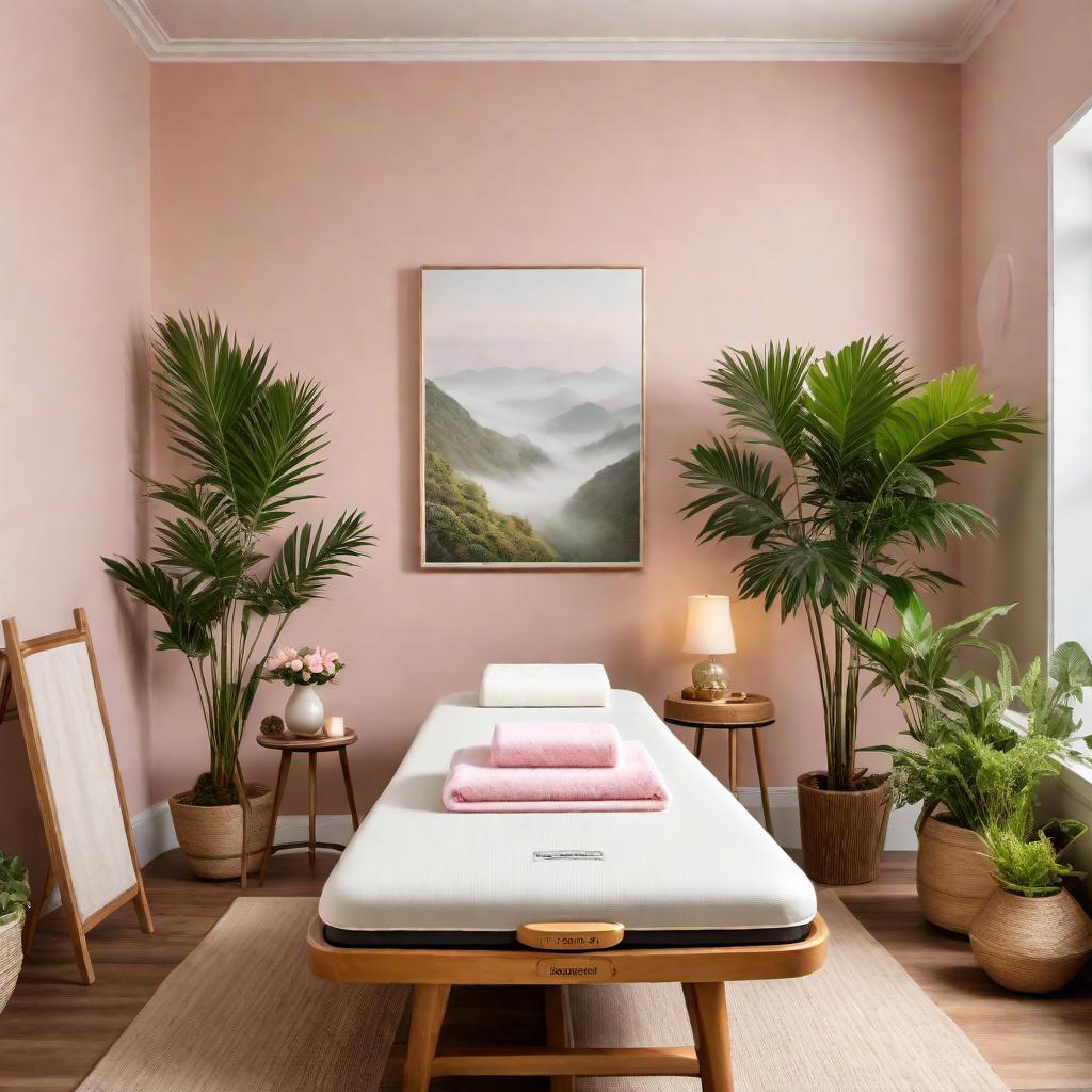  A relaxing setting for a massage with hints of green, yellow, and light pink. The scene should feature a comfortable massage table surrounded by soft lighting, calming green plants, and natural wooden elements. Include yellow and light pink accents in the decor. The atmosphere should be tranquil and soothing, with gentle light filtering through the room, creating an inviting and serene space ideal for a rejuvenating massage. hyperrealistic, full body, detailed clothing, highly detailed, cinematic lighting, stunningly beautiful, intricate, sharp focus, f/1. 8, 85mm, (centered image composition), (professionally color graded), ((bright soft diffused light)), volumetric fog, trending on instagram, trending on tumblr, HDR 4K, 8K