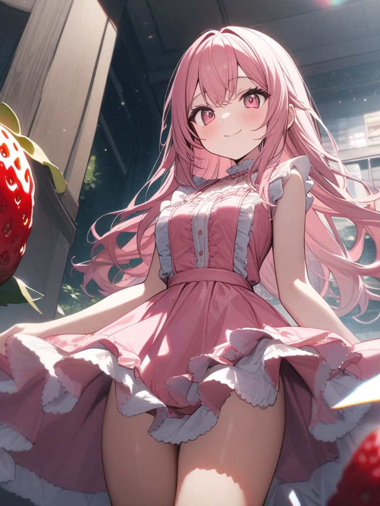  Cute, , big eyes, thin body, fluffy hair, exposure, strawberry, smiling, frill dress, , twin tail, long hair, pink frill dress, exposure, pink eyes, pink hair color, ,, masterpiece, best quality,8k,ultra detailed,high resolution,an extremely delicate and beautiful,hyper detail