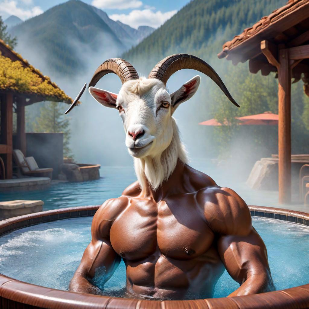  A cartoon bodybuilder goat relaxing in a hot tub. The goat has a muscular, human-like body with a goat's head, lounging in the hot tub with a cheerful and relaxed expression. The scene is vibrant and colorful, with steam rising from the water and a fun, whimsical background to match the cartoon style. hyperrealistic, full body, detailed clothing, highly detailed, cinematic lighting, stunningly beautiful, intricate, sharp focus, f/1. 8, 85mm, (centered image composition), (professionally color graded), ((bright soft diffused light)), volumetric fog, trending on instagram, trending on tumblr, HDR 4K, 8K