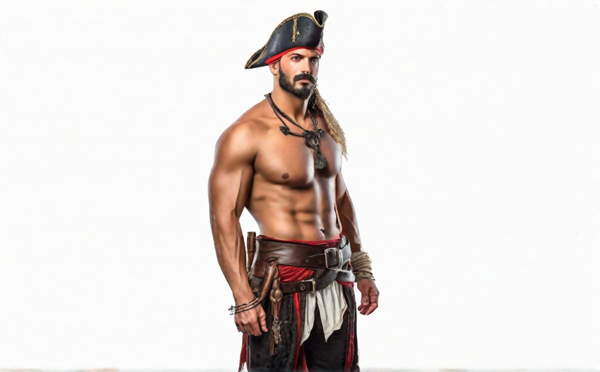  pirate hyperrealistic, full body, detailed clothing, highly detailed, cinematic lighting, stunningly beautiful, intricate, sharp focus, f/1. 8, 85mm, (centered image composition), (professionally color graded), ((bright soft diffused light)), volumetric fog, trending on instagram, trending on tumblr, HDR 4K, 8K