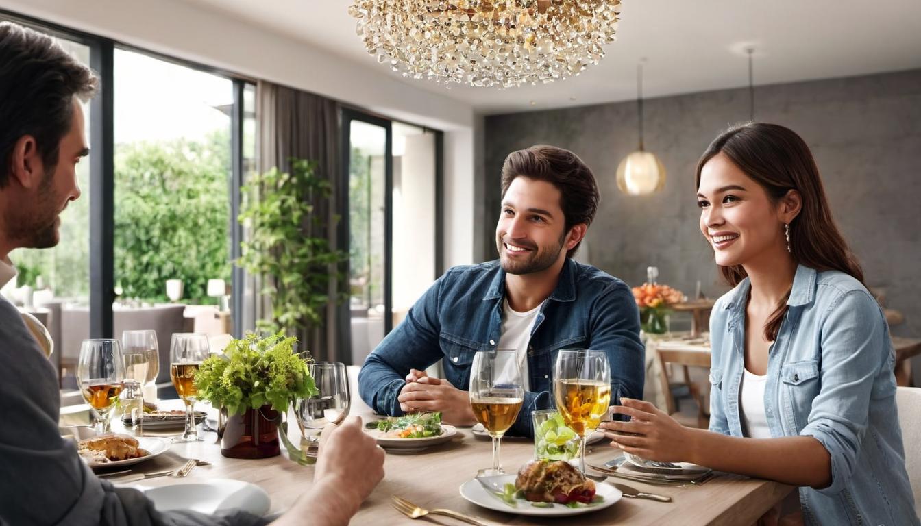  digital illustration, 2people, 1man 1woman, casual clothing, seated at a dining table, woman gesturing with her hand, man listening attentively, modern apartment setting, open communication, shared understanding, respect, looking at viewer, dynamic pose, (intricate details, masterpiece, best quality)