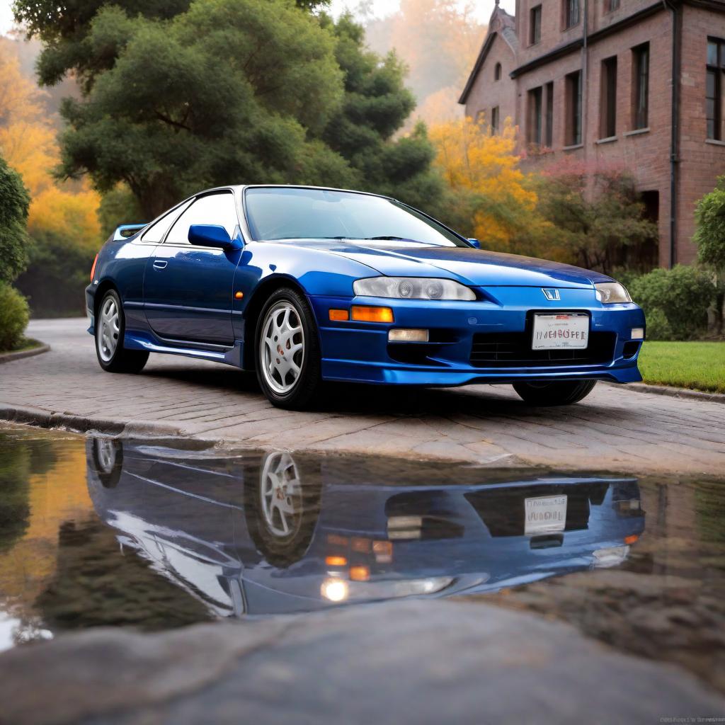  1996 Honda Prelude Si in blue color, parked on a road. The car should showcase its sporty design elements, including its sleek front grille, distinctive alloy wheels, and characteristic mid-90s coupe body lines. The background should be simple to keep the focus on the car. hyperrealistic, full body, detailed clothing, highly detailed, cinematic lighting, stunningly beautiful, intricate, sharp focus, f/1. 8, 85mm, (centered image composition), (professionally color graded), ((bright soft diffused light)), volumetric fog, trending on instagram, trending on tumblr, HDR 4K, 8K