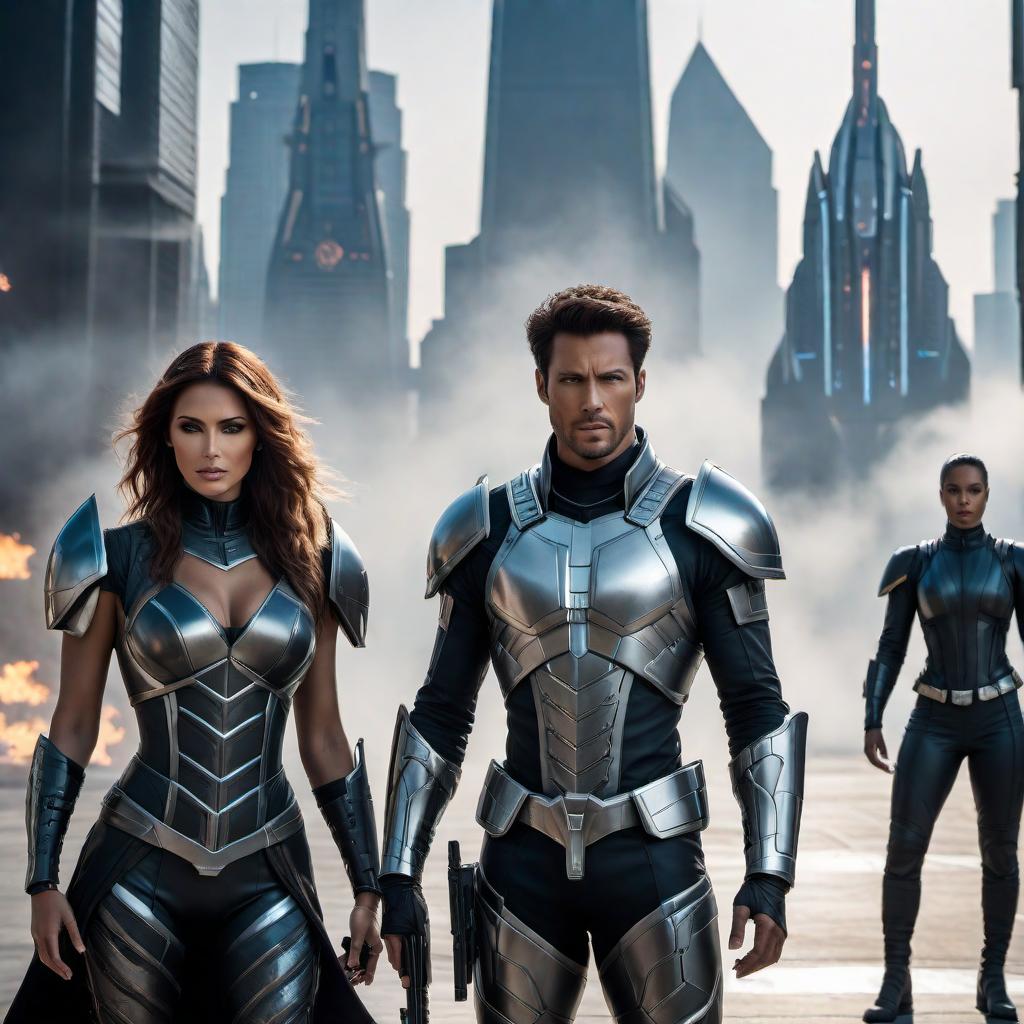  A depiction of Generation X warriors. The scene features futuristic warriors with advanced technology and sleek armor, integrating both modern and sci-fi elements. The warriors should have diverse appearances, showcasing both men and women, with unique weapons or gadgets that highlight their futuristic capabilities. The background can include a dynamic and high-tech battlefield or a futuristic cityscape, adding to the overall atmosphere of an advanced and intense setting. hyperrealistic, full body, detailed clothing, highly detailed, cinematic lighting, stunningly beautiful, intricate, sharp focus, f/1. 8, 85mm, (centered image composition), (professionally color graded), ((bright soft diffused light)), volumetric fog, trending on instagram, trending on tumblr, HDR 4K, 8K