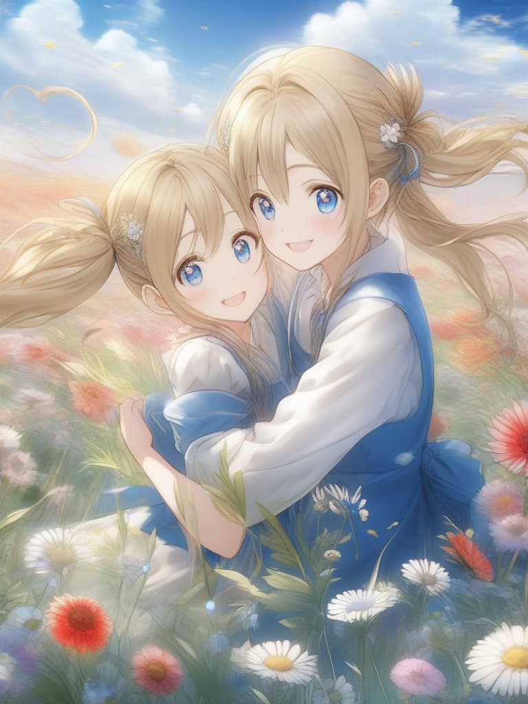  Girl, blonde, twin tail, blue eyes, flower field, masterpiece, best quality,8k,ultra detailed,high resolution,an extremely delicate and beautiful,hyper detail