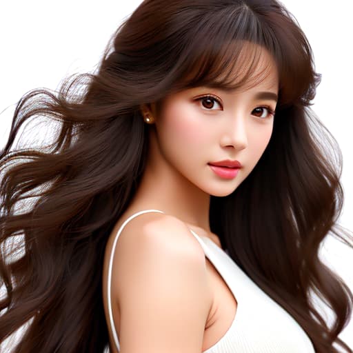  masterpiece, best quality, Girl, layered perm, long hair, de tailed hair, front view, ivory background, realistic face