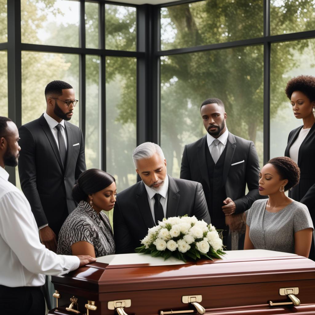  A highly realistic image of diverse families at a funeral home planning for a funeral. The scene should show different groups of family members gathered around tables with funeral directors. They appear somber and are discussing arrangements, with papers, brochures, and possibly a laptop on the tables. The setting should be inside a professional funeral home with a respectful and subdued environment. Family members should include black families, and portray a mixture of emotions such as sadness and support for one another. hyperrealistic, full body, detailed clothing, highly detailed, cinematic lighting, stunningly beautiful, intricate, sharp focus, f/1. 8, 85mm, (centered image composition), (professionally color graded), ((bright soft diffused light)), volumetric fog, trending on instagram, trending on tumblr, HDR 4K, 8K