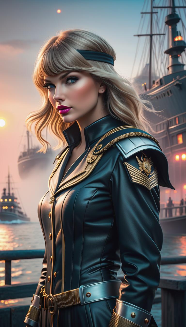  Cyberpunk style depiction of Taylor Swift as a sailor. The scene is set in a world where technology has advanced, but society and human conditions have not, creating a gritty, dystopian atmosphere. hyperrealistic, full body, detailed clothing, highly detailed, cinematic lighting, stunningly beautiful, intricate, sharp focus, f/1. 8, 85mm, (centered image composition), (professionally color graded), ((bright soft diffused light)), volumetric fog, trending on instagram, trending on tumblr, HDR 4K, 8K