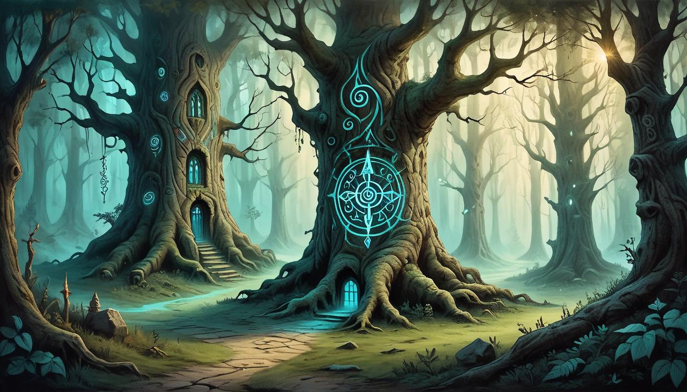  on parchment, surrealism+++, Ancient tree with glowing runes carved into its bark, deep forest ambiance, mystical and sacred, aura of ancient wisdom and secrets(mysterious, provocative, symbolic,muted color)+++