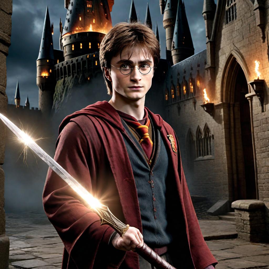  Harry Potter holding the sword of Gryffindor, wearing battle-torn clothes. The lightning bolt scar on his head is fading, and behind him is Hogwarts after the battle. The scene is intense and emotionally charged, with signs of the battle evident on both Harry and the castle. hyperrealistic, full body, detailed clothing, highly detailed, cinematic lighting, stunningly beautiful, intricate, sharp focus, f/1. 8, 85mm, (centered image composition), (professionally color graded), ((bright soft diffused light)), volumetric fog, trending on instagram, trending on tumblr, HDR 4K, 8K