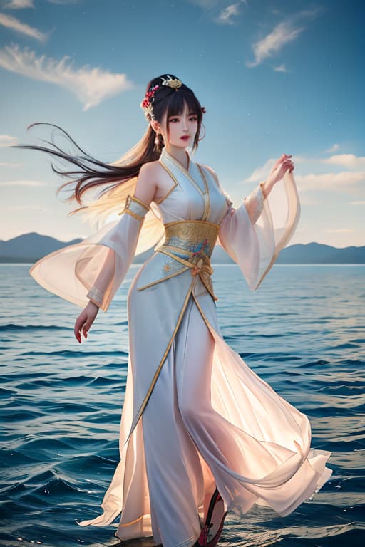  REALISTIC, MIRROS POLISH, a real oriental 20 yea (with precise facial features) wearing a simple Dunhuang Tianwai Feixian dance costume, dancing on the lake on the bank of the river (suspended on the water), with flowing clouds and mist, soft light, and majestic momentum hyperrealistic, full body, detailed clothing, highly detailed, cinematic lighting, stunningly beautiful, intricate, sharp focus, f/1. 8, 85mm, (centered image composition), (professionally color graded), ((bright soft diffused light)), volumetric fog, trending on instagram, trending on tumblr, HDR 4K, 8K