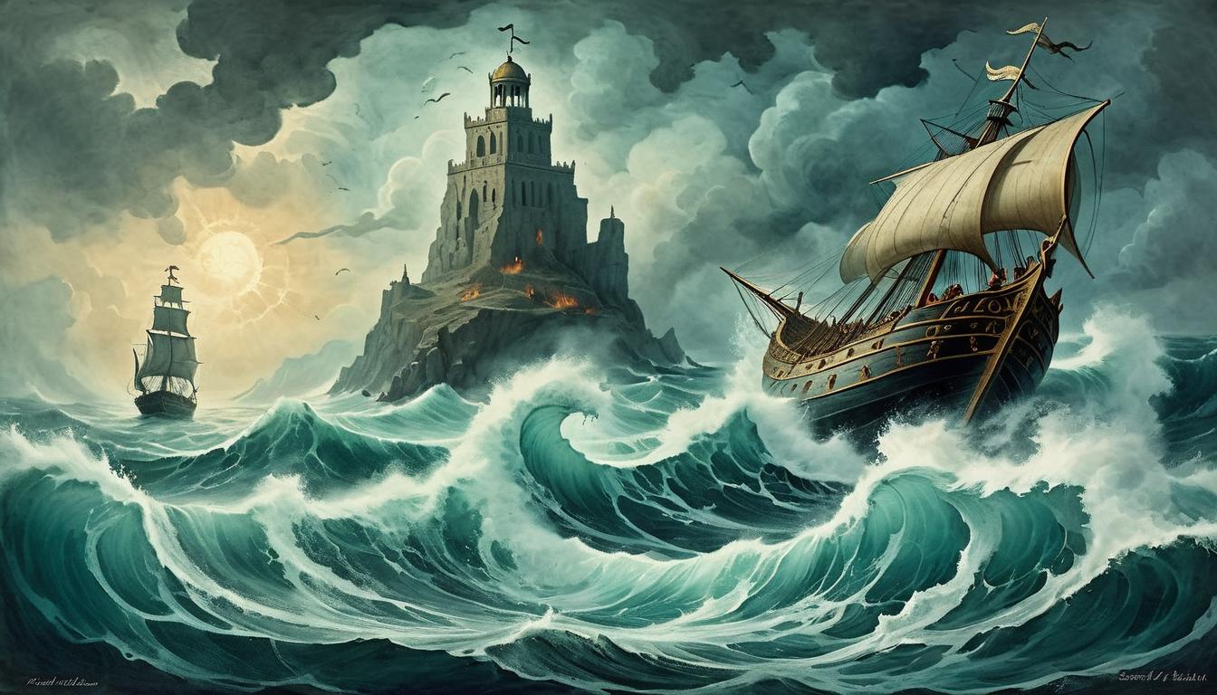  on parchment, surrealism+++, Poseidon towering over a turbulent sea, Odysseus's ship small in comparison, waves crashing, evoking wrath and divine power, relentless, tempestuous(mysterious, provocative, symbolic,muted color)+++