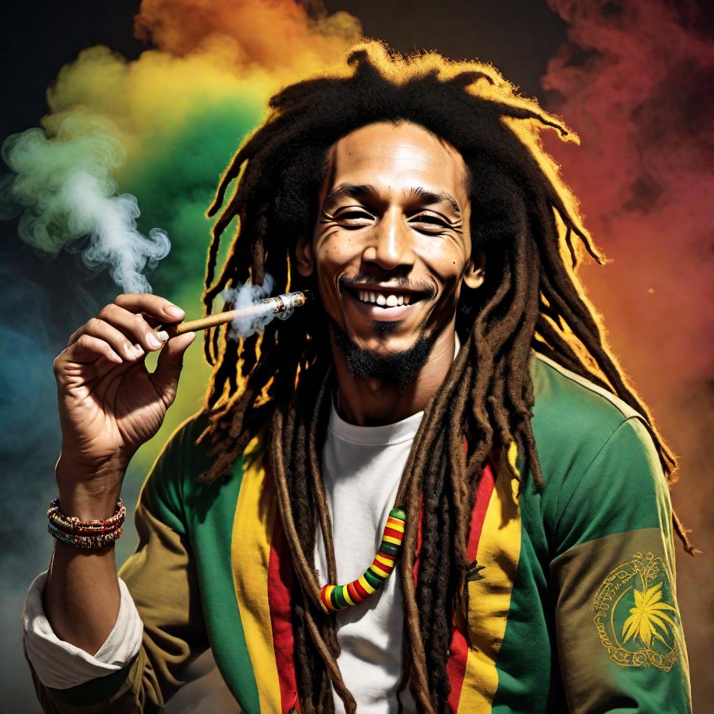  Bob Marley with his iconic dreadlocks, smiling and relaxed, holding a weed joint in one hand and a bong in the other hand, smoking from the bong. He has a high expression, with a cloud of smoke surrounding him. The background features colorful reggae-themed decor, enhancing the calm, vibrant atmosphere. hyperrealistic, full body, detailed clothing, highly detailed, cinematic lighting, stunningly beautiful, intricate, sharp focus, f/1. 8, 85mm, (centered image composition), (professionally color graded), ((bright soft diffused light)), volumetric fog, trending on instagram, trending on tumblr, HDR 4K, 8K