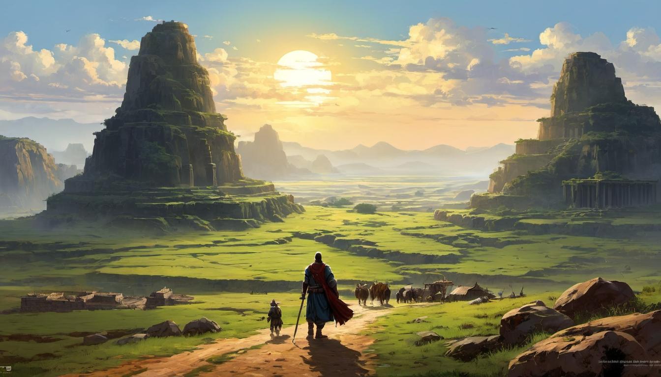  digital painting of Expansive plains leading to ancient city ruins, distant figures, grand scale, historical, sprawling looking at viewer, dynamic pose, (intricate details, masterpiece, best quality)