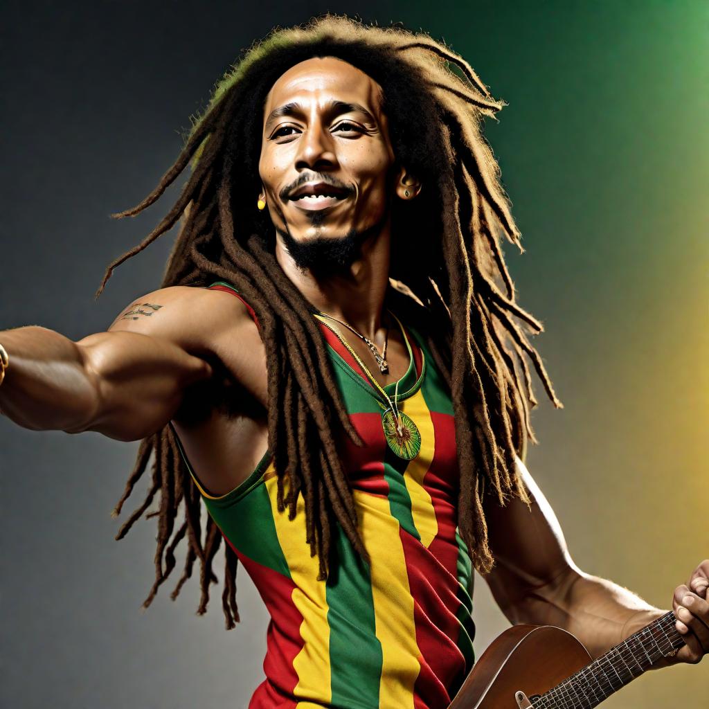  A hyper-realistic and detailed depiction of Bob Marley, capturing his true-to-life appearance with accurate facial features, skin tone, and iconic dreadlocks. Include elements related to his music and Rastafarian culture, such as musical instruments and the color palette with reds, greens, and yellows. hyperrealistic, full body, detailed clothing, highly detailed, cinematic lighting, stunningly beautiful, intricate, sharp focus, f/1. 8, 85mm, (centered image composition), (professionally color graded), ((bright soft diffused light)), volumetric fog, trending on instagram, trending on tumblr, HDR 4K, 8K